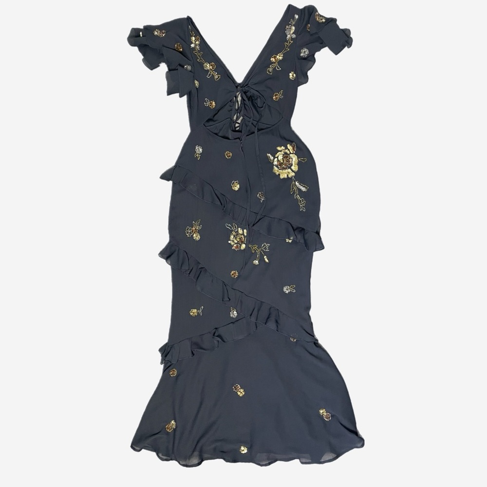 ASOS DESIGN ruffle detail short sleeve embellished midi dress in navy floral 6P - Picture 12 of 14